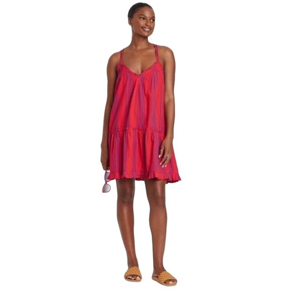 Universal Thread Tiered Mini Dress Red Purple Stripe Womens S Ruffle Trim Hem - Picture 1 of 10